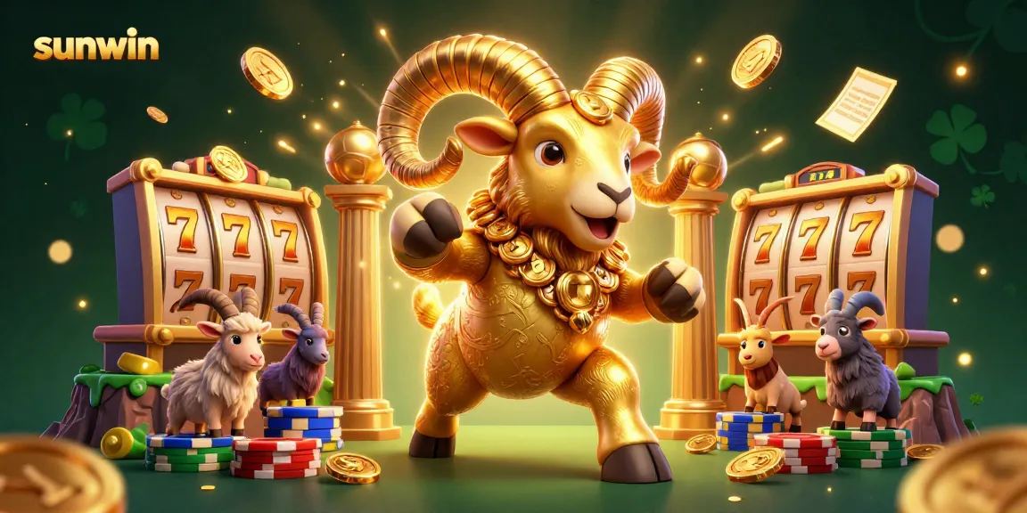 Engage with the thrilling world of sunwin casino featuring a dynamic golden ram amidst spinning slot reels and vibrant casino elements.