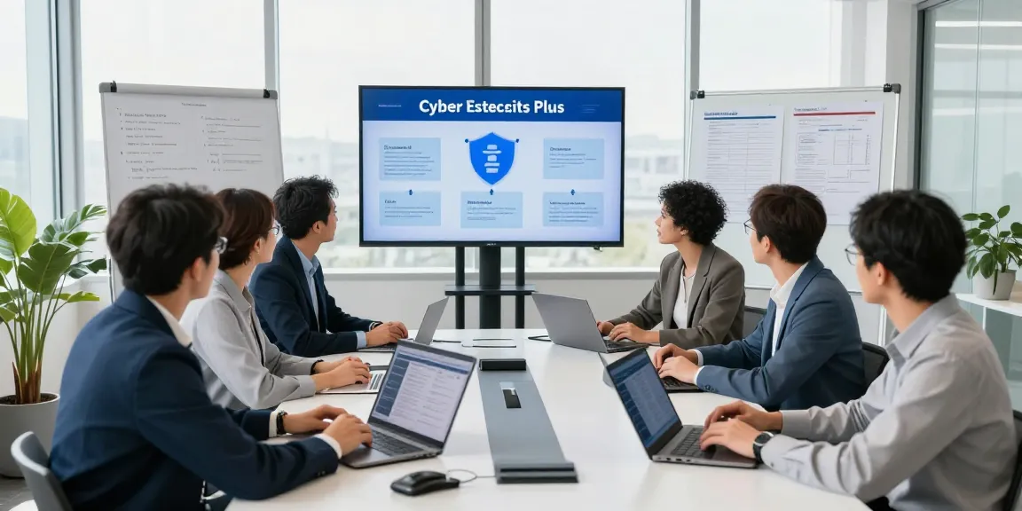 Team discussing Cyber Essentials Plus certification in modern office setting, showing digital security dashboards and collaborative atmosphere.