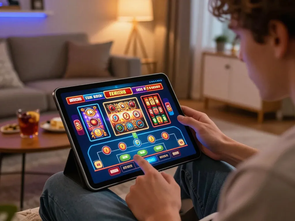 MM88 player engaging in online betting with tablet, showcasing digital casino atmosphere and excitement