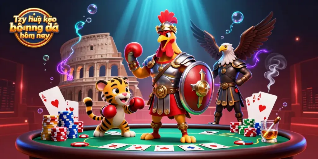 Experience the excitement of Tỷ lệ kèo bóng đá hôm nay with a spirited 3D illustration showcasing vibrant sports betting elements and characters.