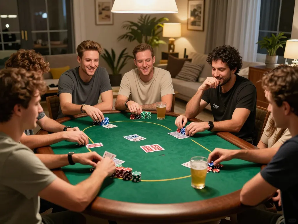 Friends enjoying a poker game night while using ee88go for a fun gambling experience at home.