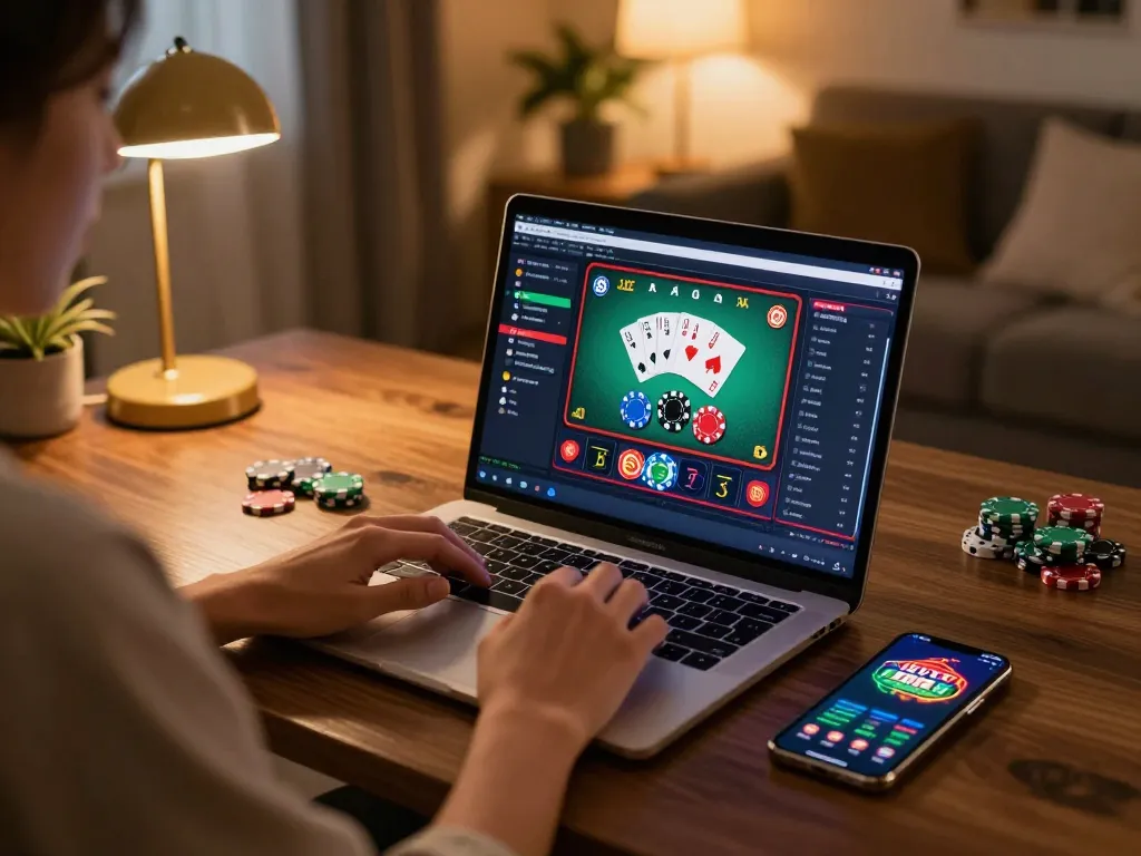 Player immersed in online gaming with the 8day app displayed on a laptop, reflecting a strategic approach