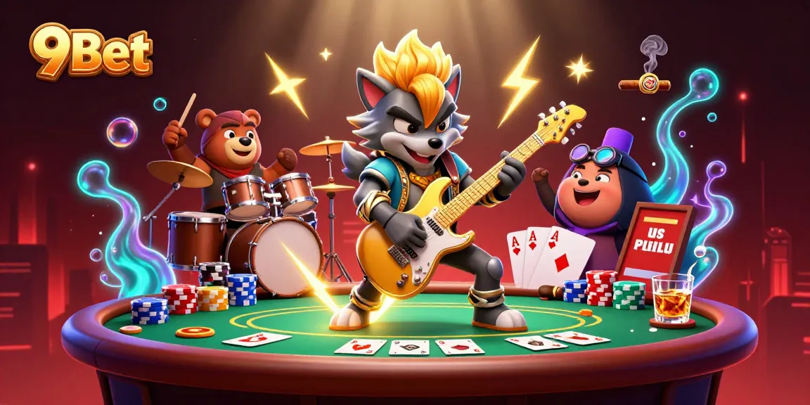 Shred with 9Bet at a dynamic casino stage featuring poker and vibrant characters.