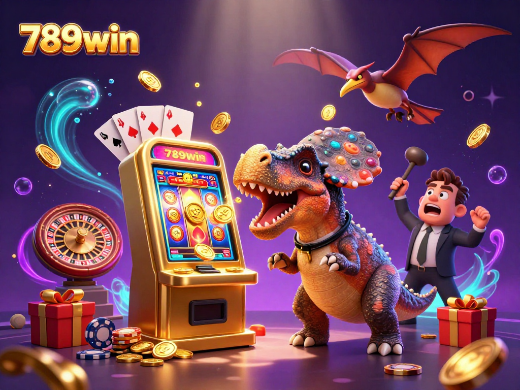 Engage with 789win as a dinosaur battles a slot machine, amidst golden coins raining down.
