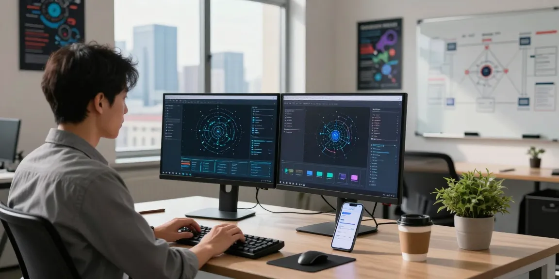 快连 network optimization scene with a professional using dual monitors in a modern tech office.