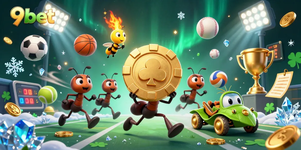 9bet themes highlight a heist with ants and sports balls in a dynamic casino scene.