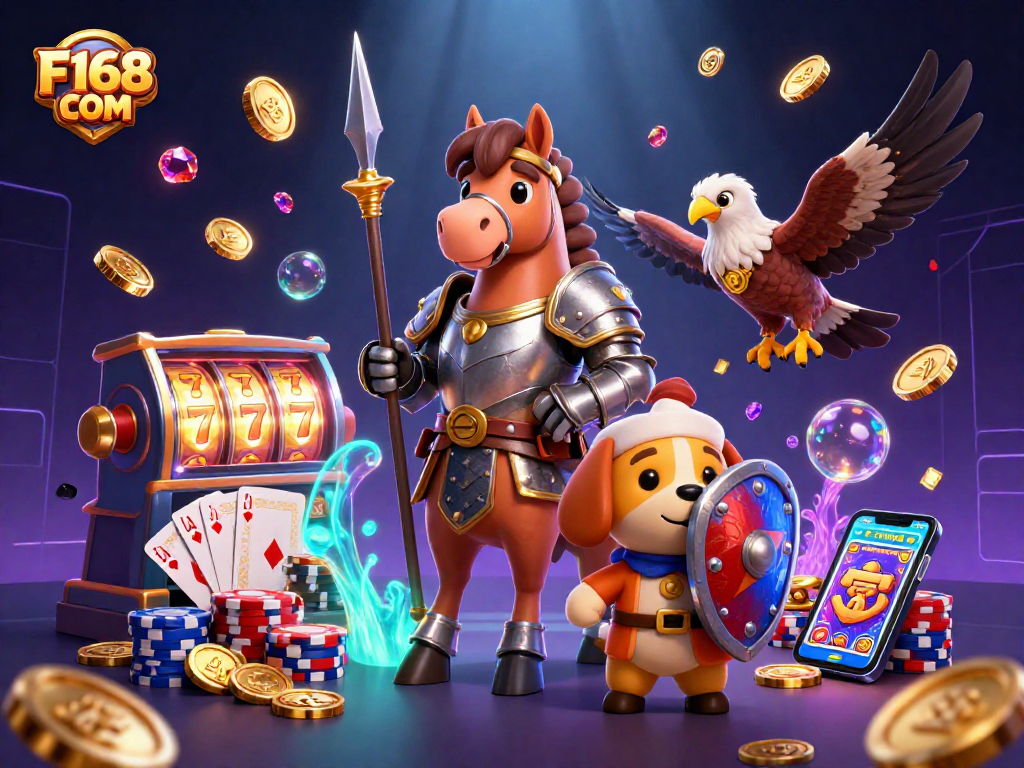 Engage in thrilling gaming adventures at F168 COM with vibrant illustrations of knights and sparkling casino elements.