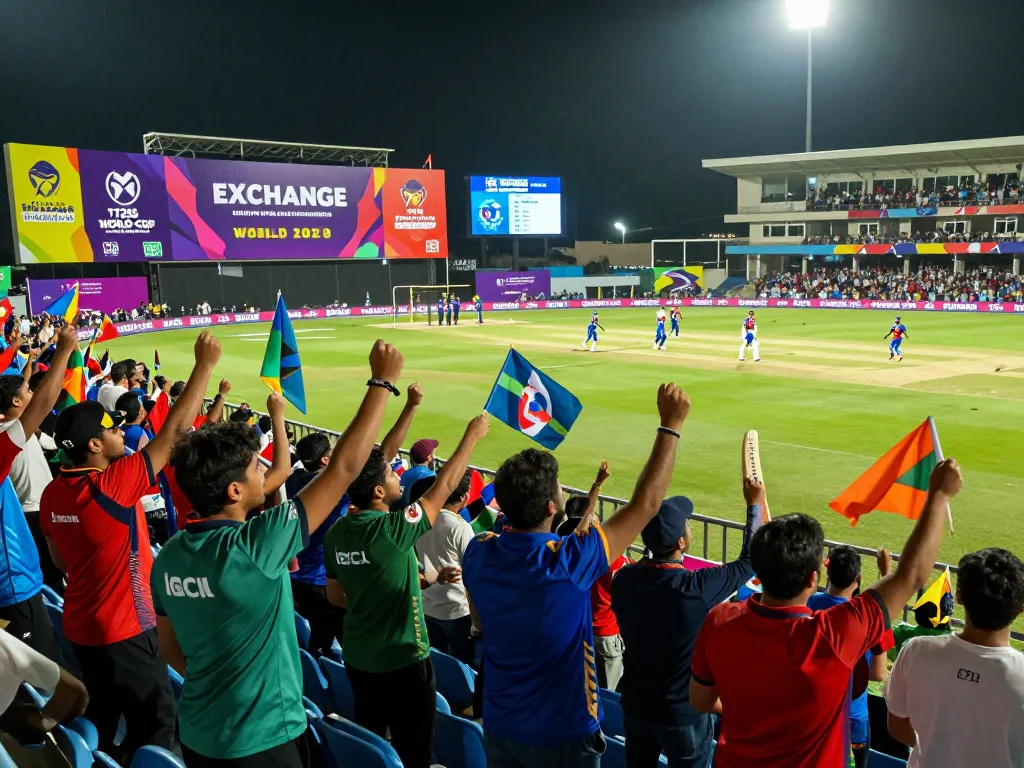 Fans celebrating during the T20 World Cup with crickex exchange banners visible, capturing the spirit of cricket.