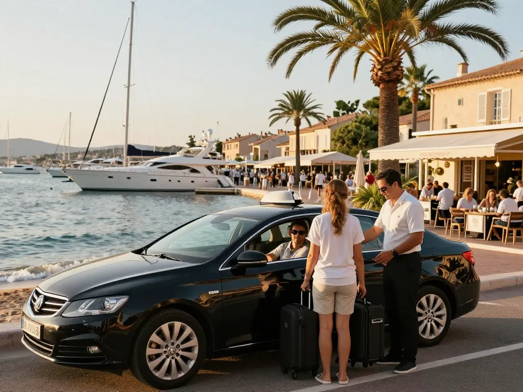 Service de Taxi Saint Tropez à une marina luxueuse avec un chauffeur professionnel aidant les voyageurs.