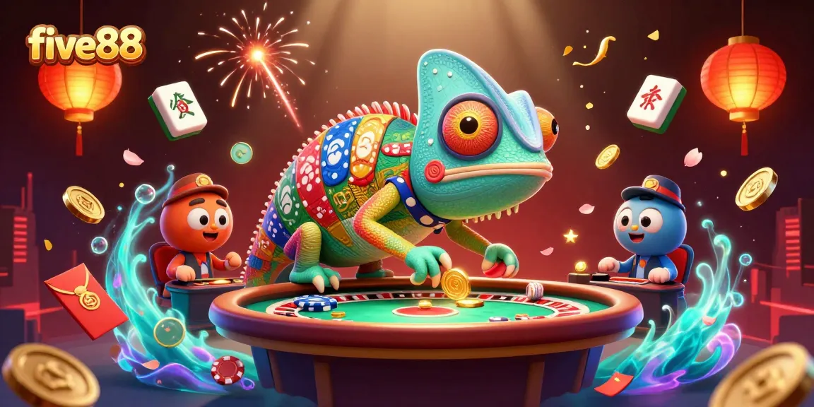 Experience the vibrant energy of five88 with a dynamic chameleon casino owner surrounded by lively gaming elements.
