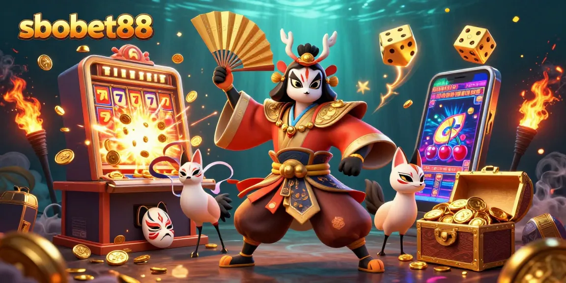 Experience exciting sbobet88 wins with a kabuki warrior and vibrant casino elements!