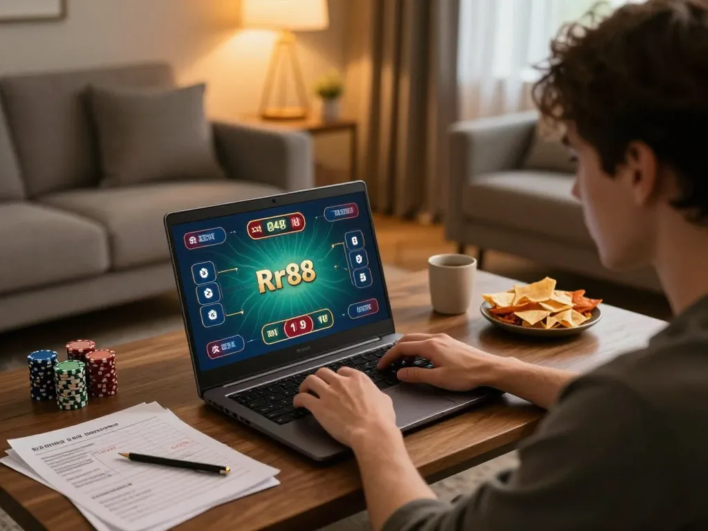 Engaged player enjoying rr88 casino games on a laptop in a cozy setting, highlighting strategic gameplay.
