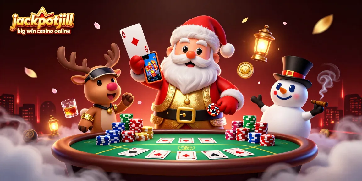 Experience excitement at jackpotjill big win casino online with Santa and friends in an engaging casino scene.