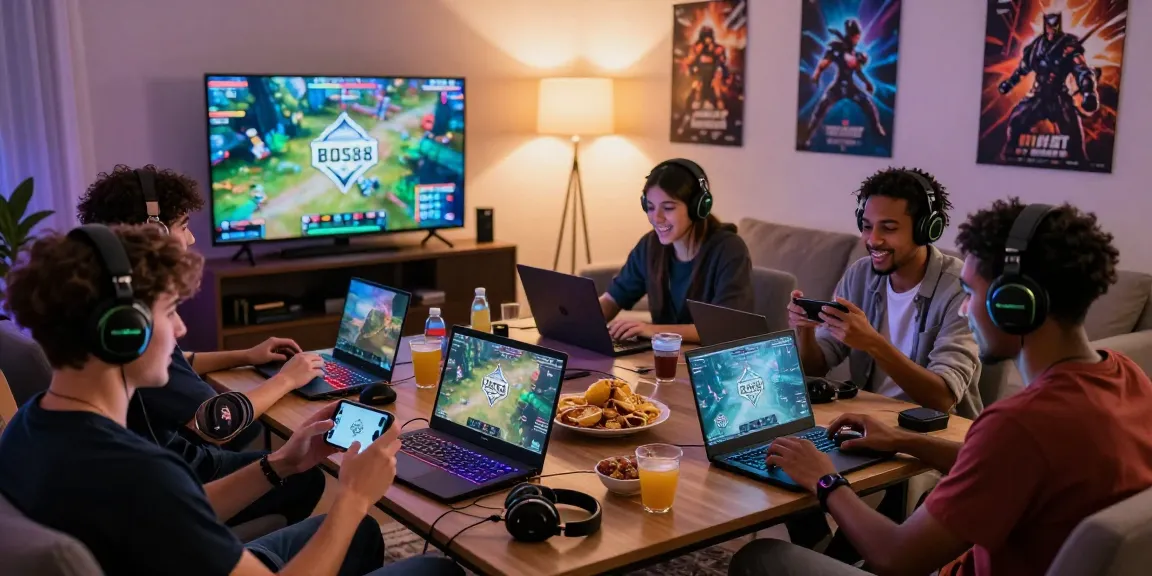 Cara Login BOS88 dalam suasana santai, teman-teman bermain game bersama dengan perangkat gaming di ruang tamu yang nyaman.