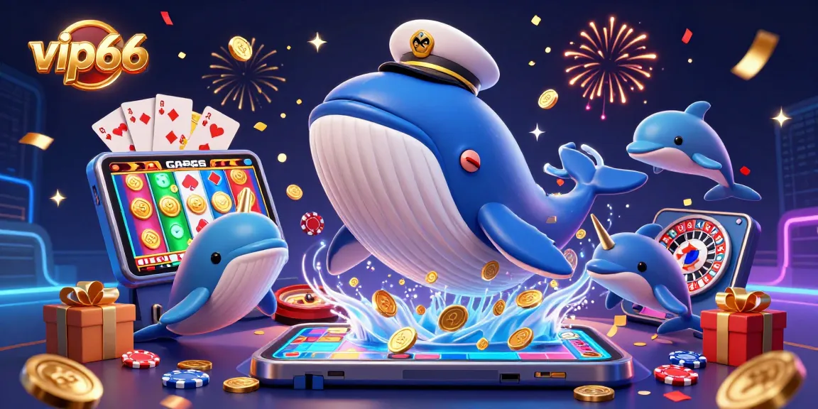 Engage in the thrilling vip66 casino experience with a vibrant illustration of whales, dolphins, and slot games.