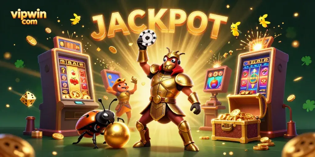 Win big and celebrate at vipwin com with this dynamic casino-themed illustration featuring characters and slot machines.