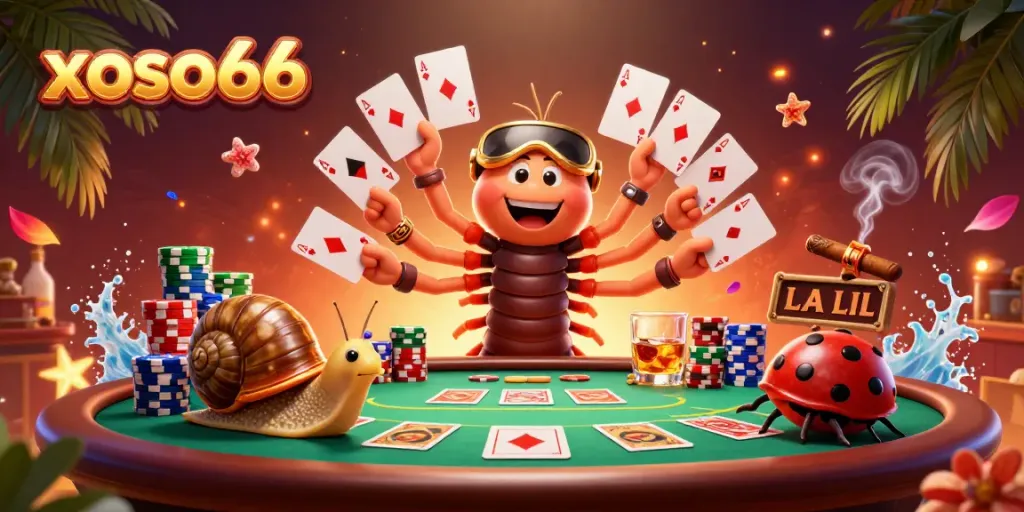 Experience thrilling gaming with xoso66 in a vibrant 3D illustration featuring playful characters at a poker table.