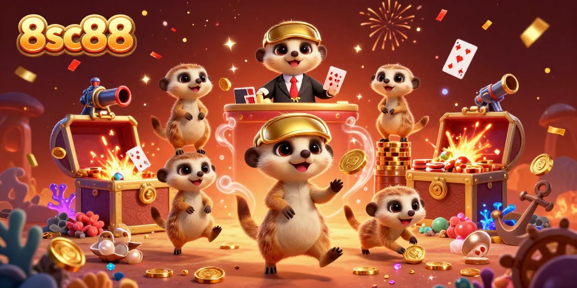 Experience thrilling gaming at 8sc88's casino with dynamic meerkats and vibrant treasures exploding around them.