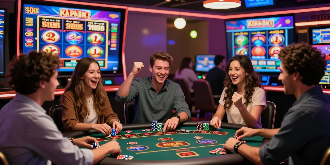 Spieler, die an einem Paysafe Card Casino-Spiel mit lebendigen Grafiken und digitalen Tokens teilnehmen.