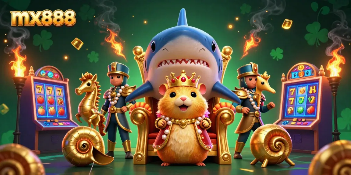 Engage in thrilling casino action with mx888's vibrant 3D scene featuring slots and a royal hamster king.