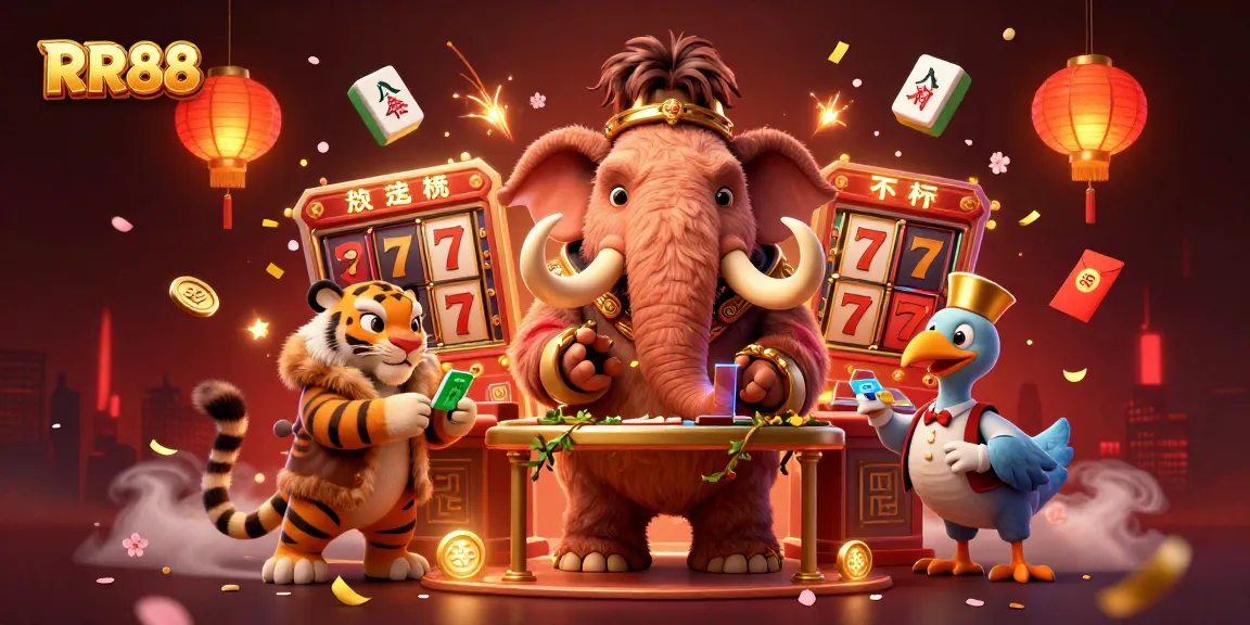 RR88 casino illustration with a woolly mammoth bouncer and vibrant game elements to enhance the experience