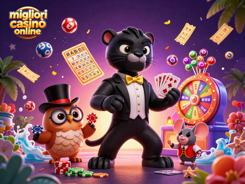Scopri i migliori casinò online mentre eleganti personaggi animati mostrano divertimento e fortuna.