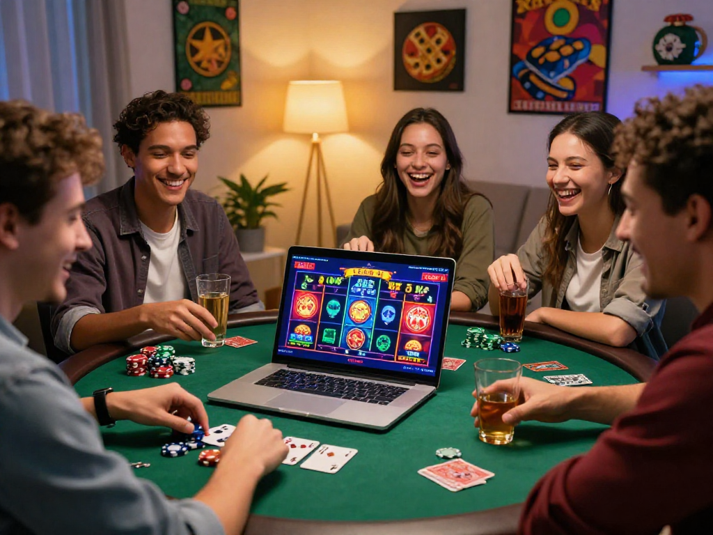 Scena di amici che giocano ai migliori casinò online, con giochi di poker e blackjack su laptop.