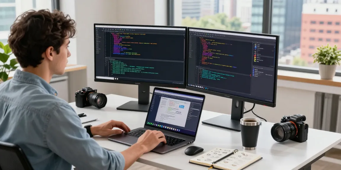 Innovative tech workspace at teiegramin.com showcasing a developer coding with dual monitors.