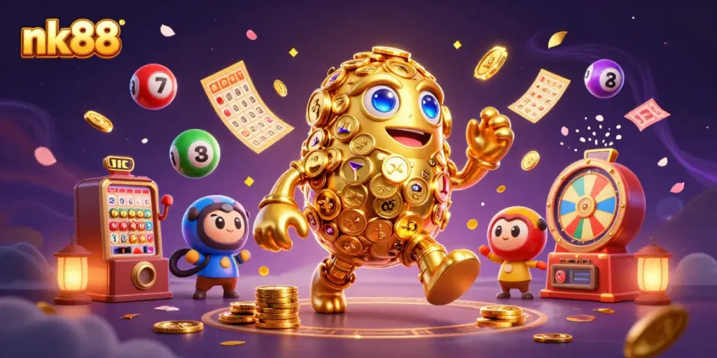 Experience the thrill of nk88 with vibrant lottery scenes and a golden golem amidst colorful elements.