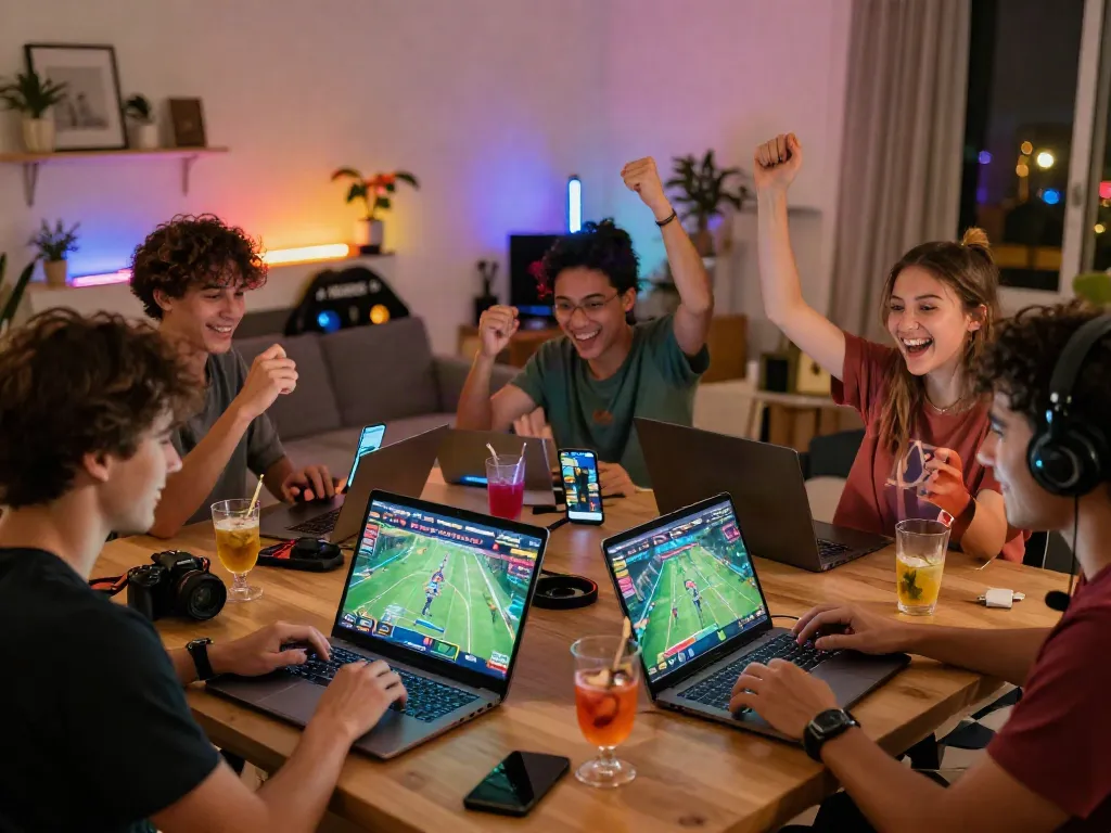 Friends enjoying their gaming experiences at home with five88 platform, showcasing a lively multiplayer atmosphere.