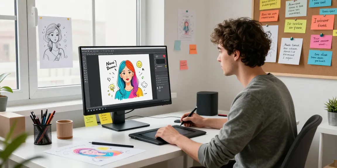 Digital artist creating with nano banana AI image editor in vibrant creative workspace.