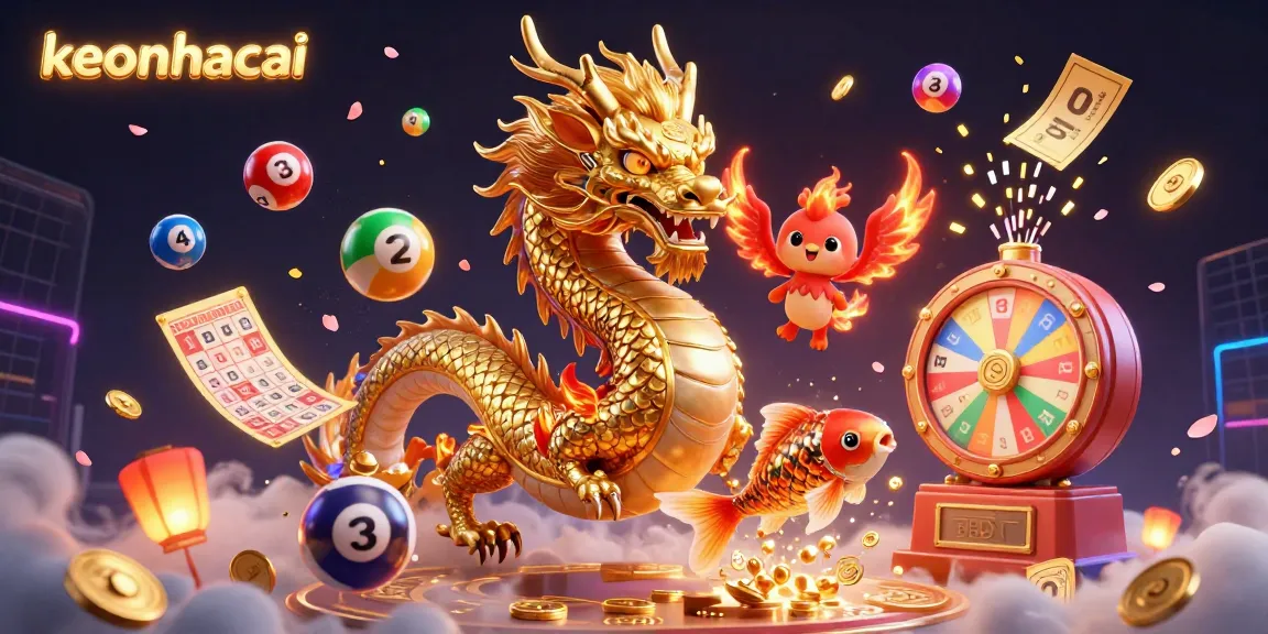 Experience thrilling lottery excitement with keonhacai's vibrant 3D dragon, phoenix, and koi fish illustration!