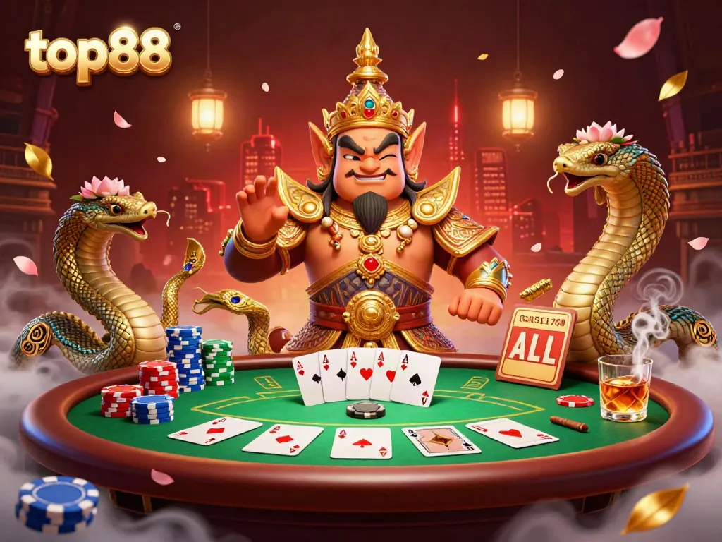 Experience thrilling poker action with top88 featuring a Thai guardian and vibrant casino elements.
