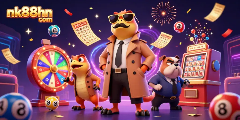 Experience the thrill at nk88hn com with vibrant lottery elements in a 3D casino scene.
