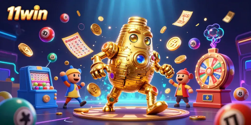 Experience the thrilling world of 11win with vibrant game elements and a dynamic golden golem in the spotlight.