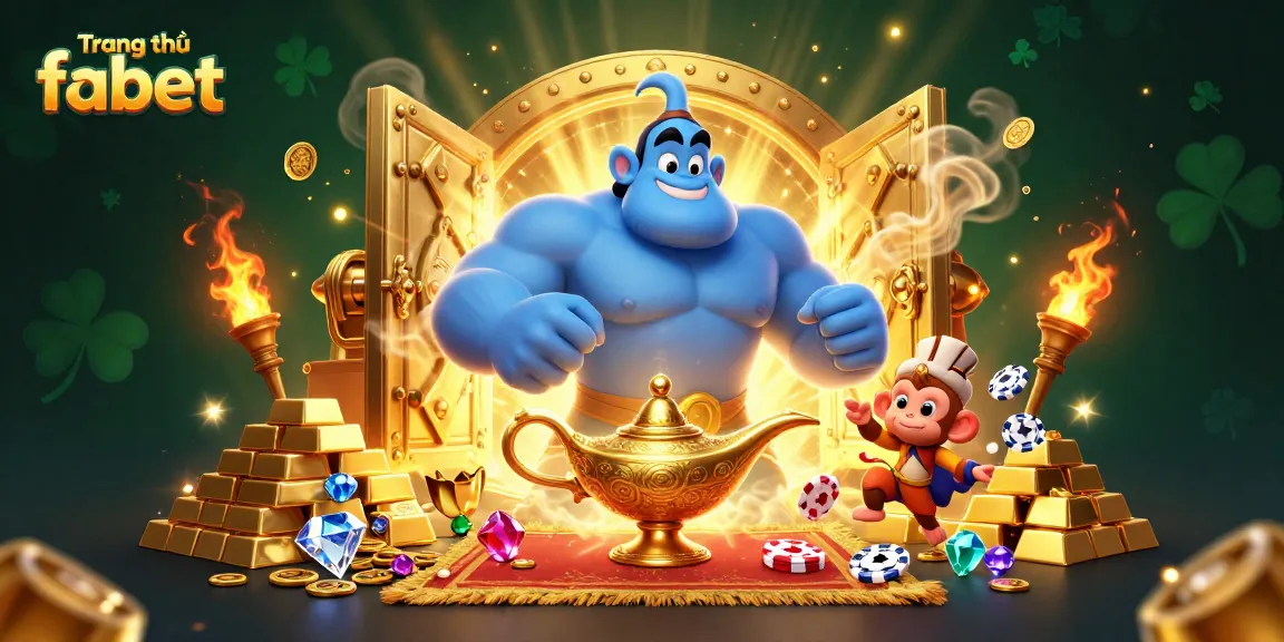 Engage in thrilling games at Trang chủ fabet with a vibrant scene featuring a genie, poker chips, and treasures.