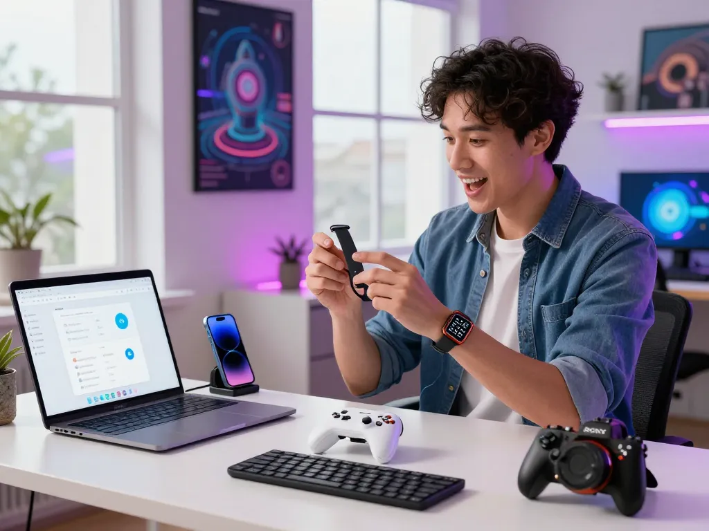 Showcase of the latest tech gadgets 2029 in a modern workspace with a professional testing Bluetooth devices and vibrant tech décor.