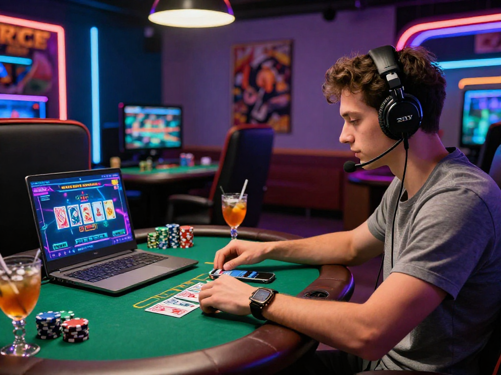 Scena di un giovane che gioca ai migliori casinò online con laptop e accessori da gioco.