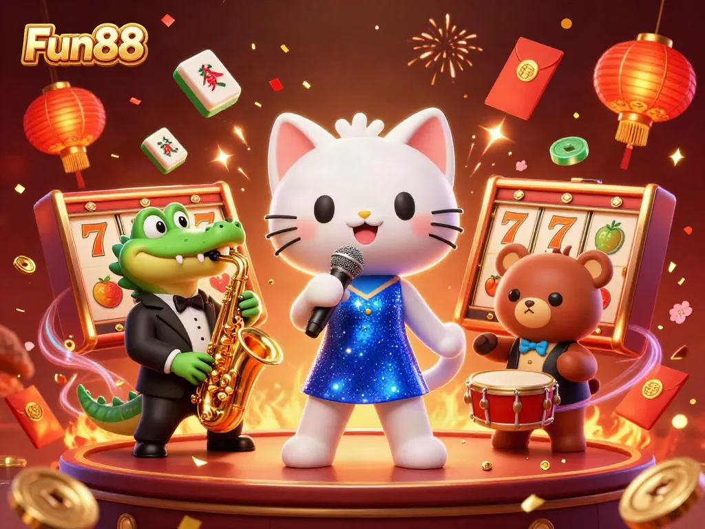Fun88 showcases a vibrant casino scene with a singing cat, saxophonist crocodile, and drumming bear cub.