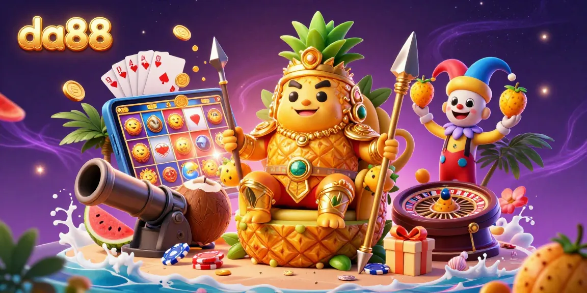 Play the vibrant da88 casino, featuring a lively golden pineapple king and engaging casino elements.
