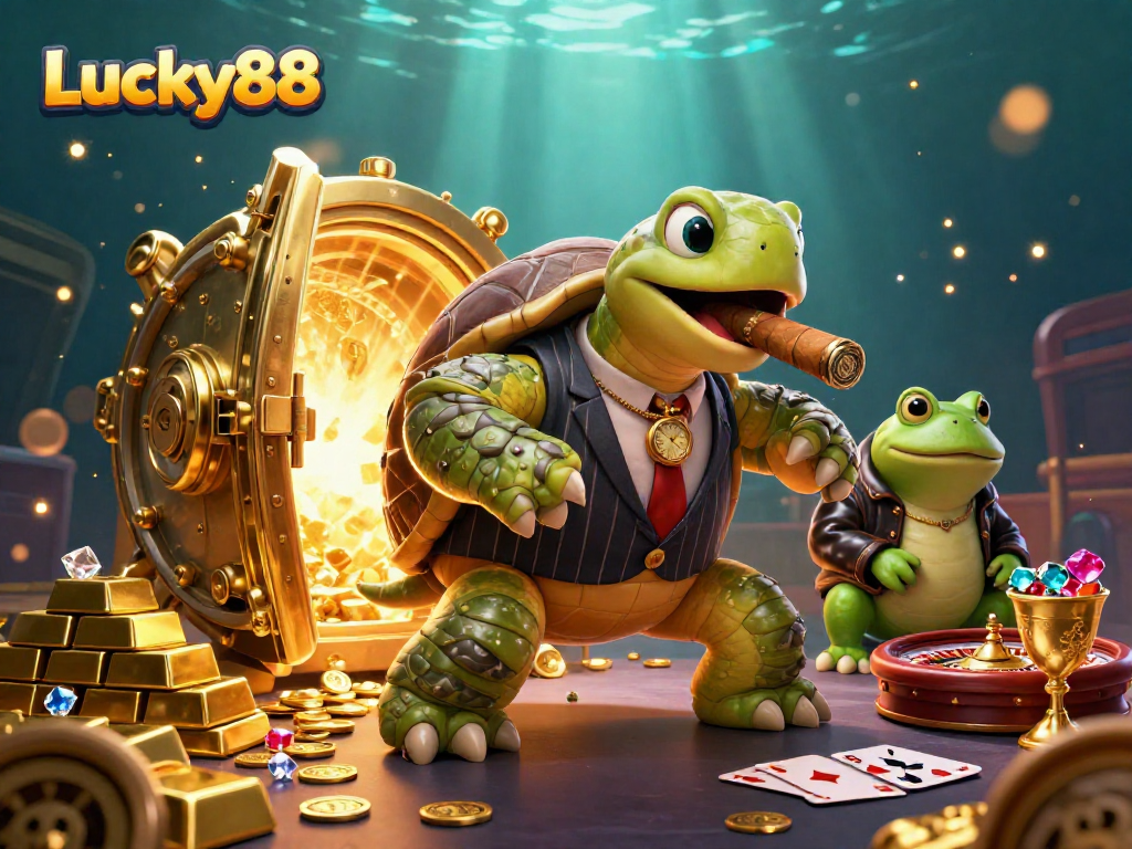 Join the fun at Lucky88, where a massive turtle and bullfrog enforcers bring excitement to the casino.