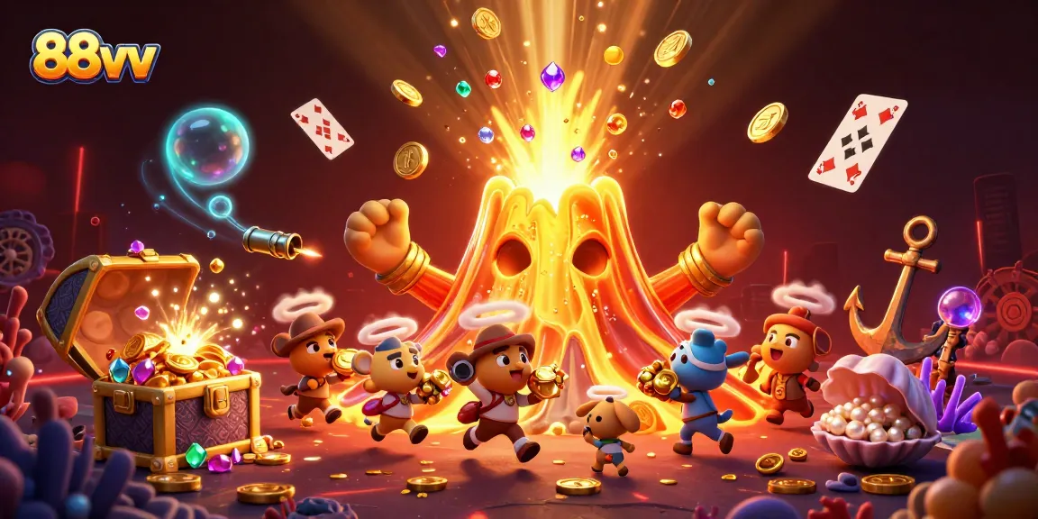 Engage with a vibrant 88vv casino scene featuring a golden volcano erupting coins amidst underwater treasures and excitement.