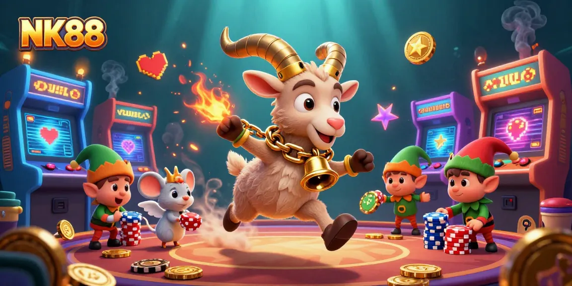 Experience the thrill at NK88's casino with Krampus and mischievous elves in this vibrant 3D artwork.