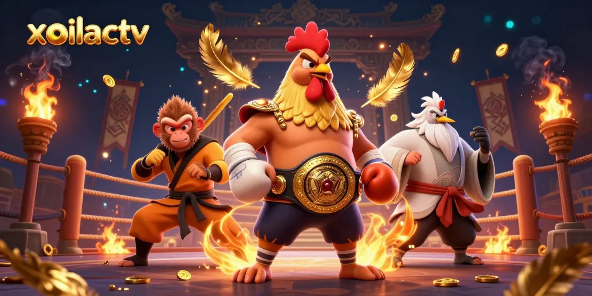 xoilactv showcases a dynamic 3D scene with a Muay Thai rooster, Shaolin monkey, and crane master amid gambling elements.