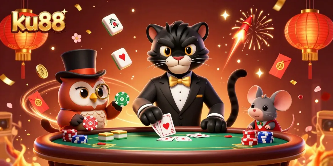 Experience thrilling poker action at ku88 with a stylish panther dealer, an owl with chips, and a lucky mouse!