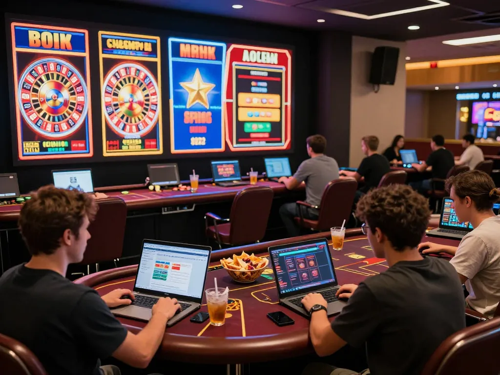 Players engaging in online games at nhà cái okfun, with vibrant displays and a friendly atmosphere.