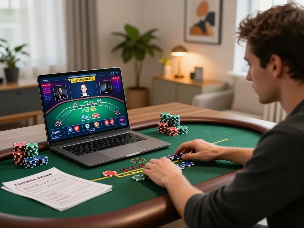 Engaging in llwin live dealer blackjack game on a laptop, displaying strategic gameplay