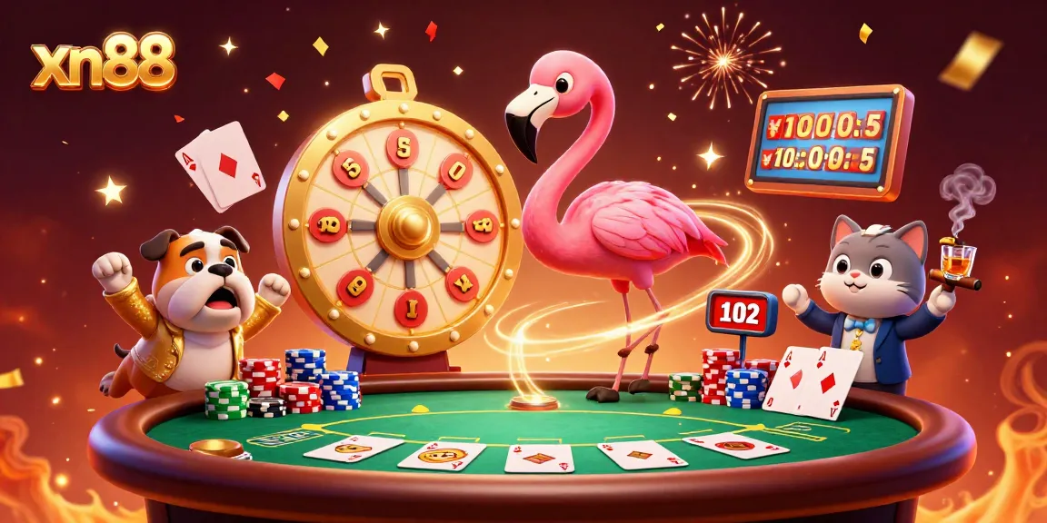 Engage in thrilling casino fun with xn88's vibrant game show scene featuring exciting characters and poker elements.