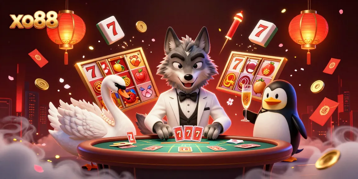 Experience the vibrant xo88 casino scene with a debonair wolf at baccarat, lively slot elements, and festive atmosphere.