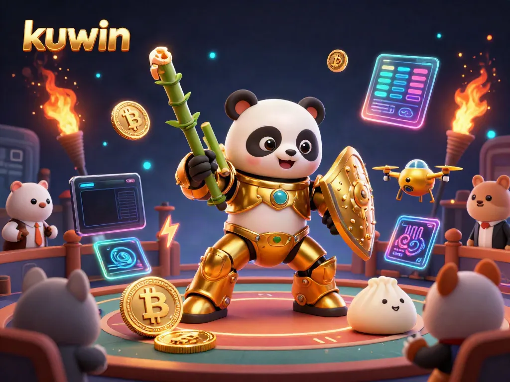 Kuwin enhances your gameplay with a vibrant 3D casino scene featuring a golden panda in a mech suit and cryptocurrency elements.